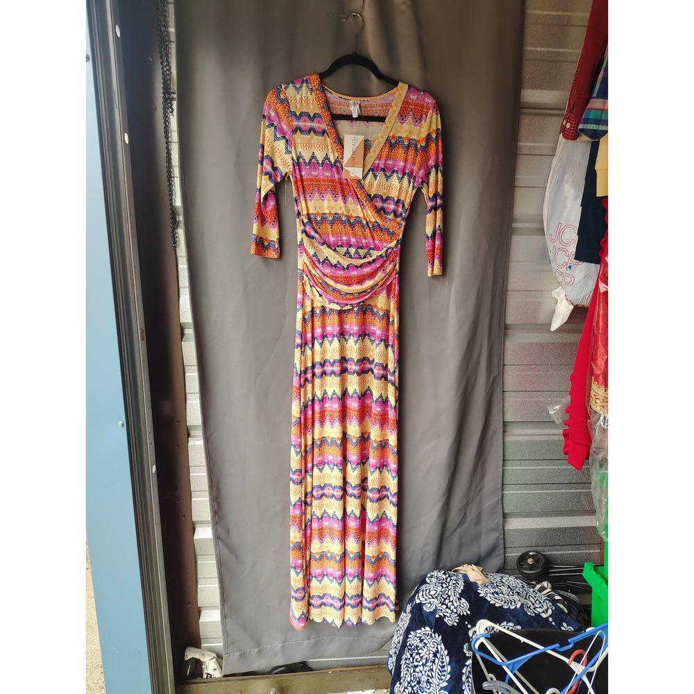 Honey and Lace Geometric Chevron Print Maxi‎ Dress Orange Pink XS Long Sleeve